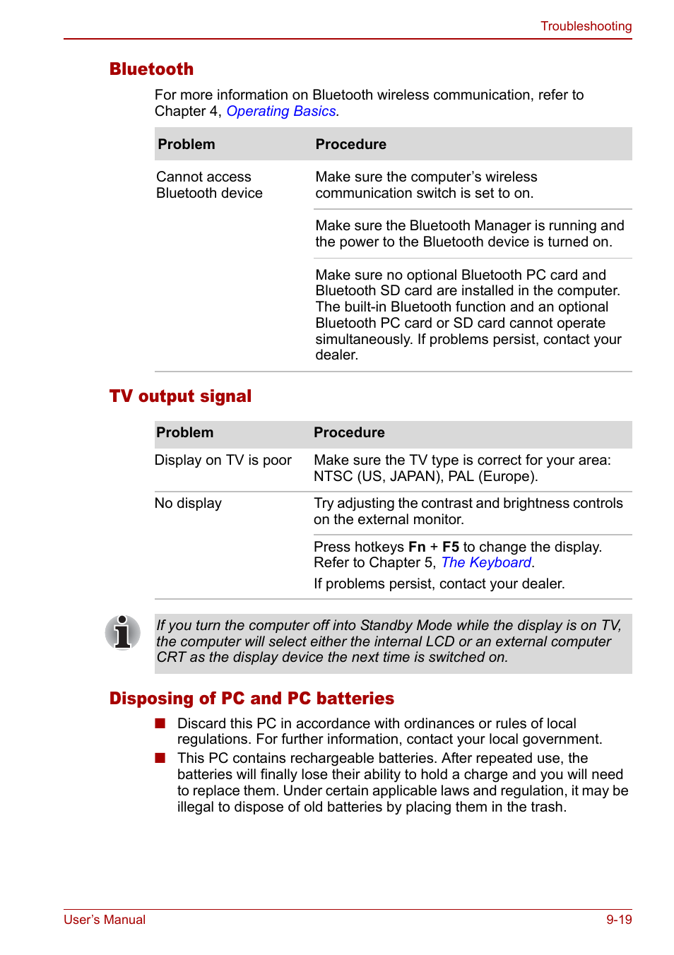 Bluetooth, Tv output signal disposing of pc and pc batteries | Toshiba M5 User Manual | Page 183 / 240