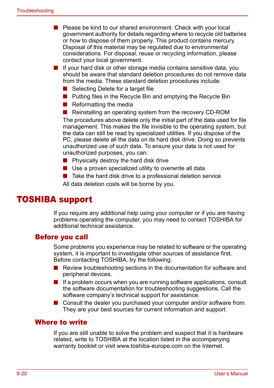 Toshiba support, Toshiba support -20, Before you call | Where to write | Toshiba M5 User Manual | Page 184 / 240