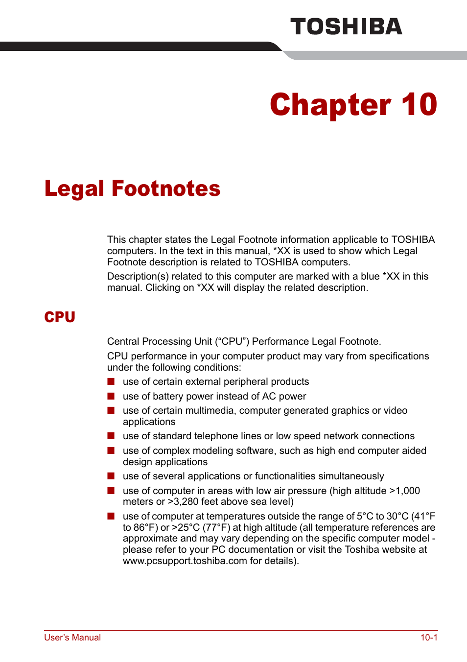 Chapter 10 - legal footnotes, Chapter 10, Legal footnotes | Cpu -1 | Toshiba M5 User Manual | Page 185 / 240