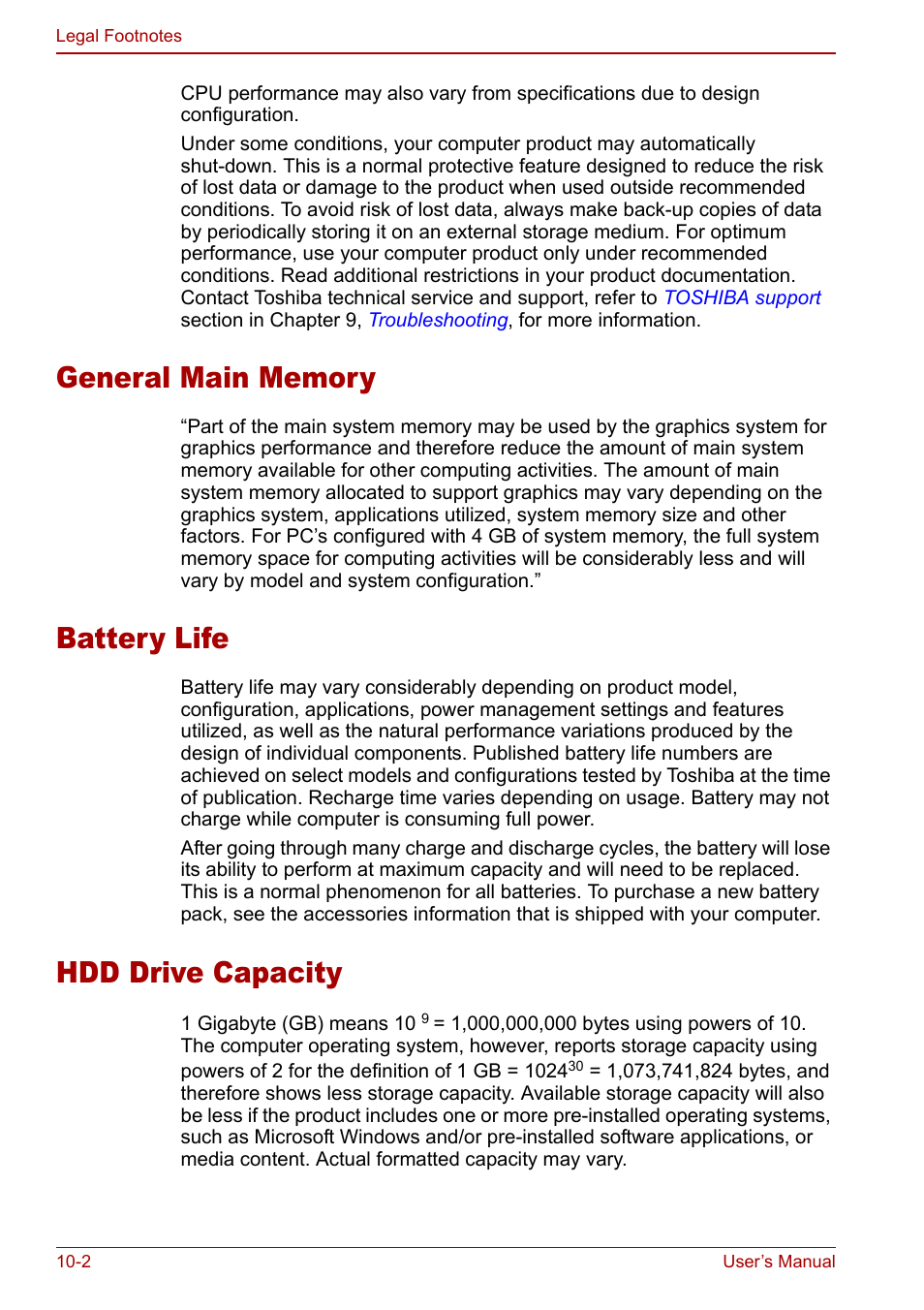 General main memory, Battery life, Hdd drive capacity | Toshiba M5 User Manual | Page 186 / 240