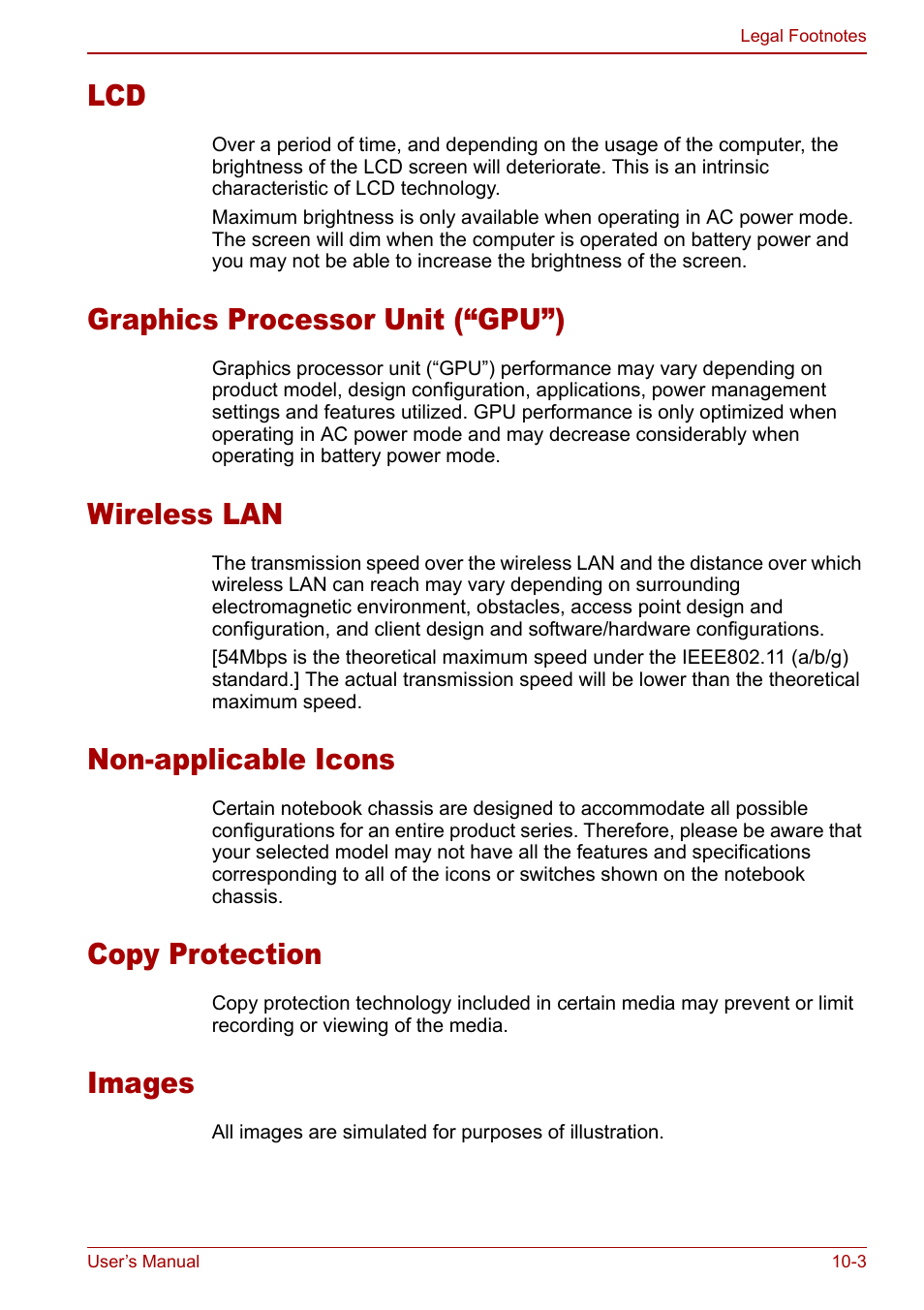 Graphics processor unit (“gpu”), Wireless lan, Non-applicable icons | Copy protection, Images | Toshiba M5 User Manual | Page 187 / 240