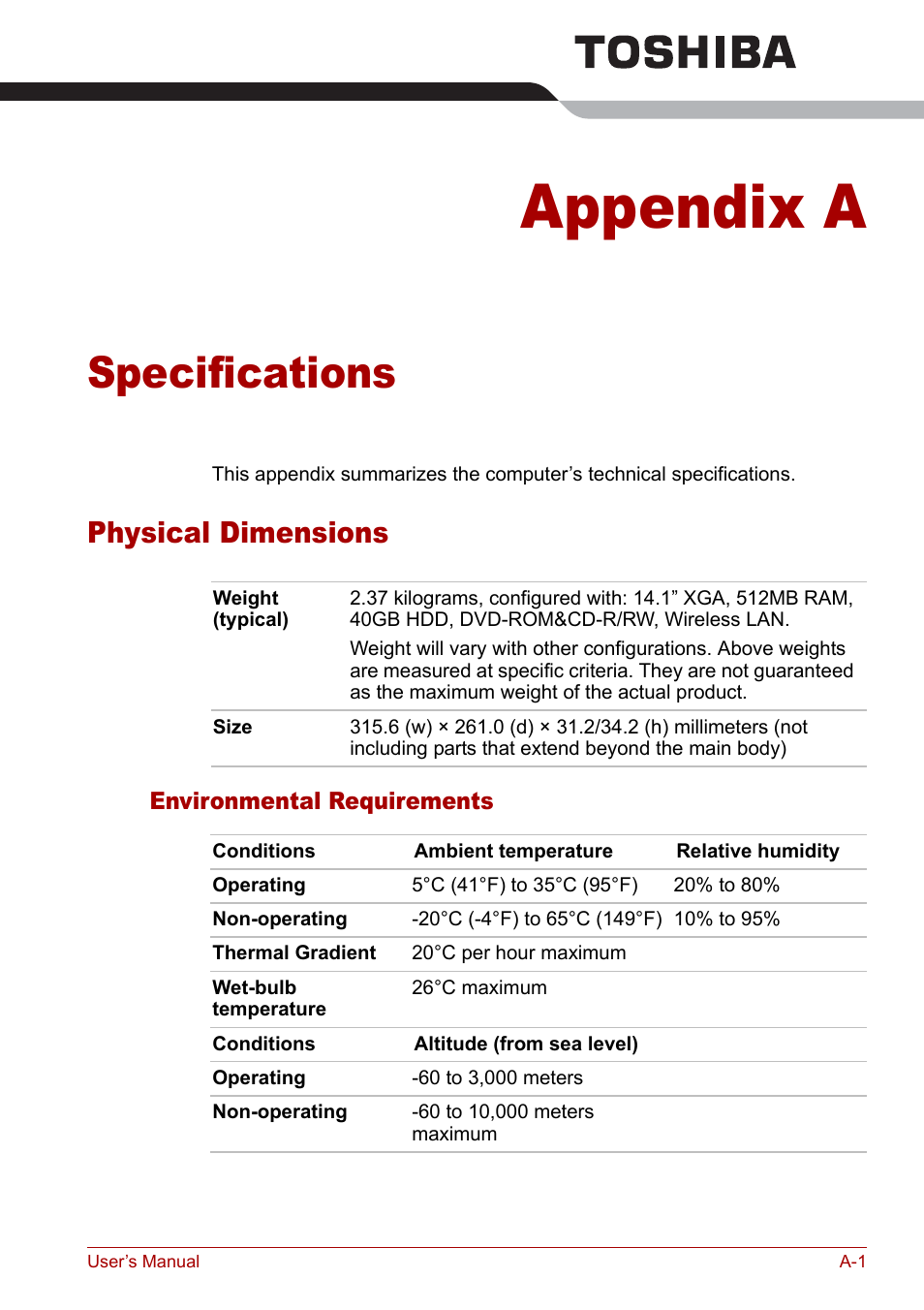 Appendix a - specifications, Physical dimensions, Appendix a | Specifications, Appendixes | Toshiba M5 User Manual | Page 189 / 240