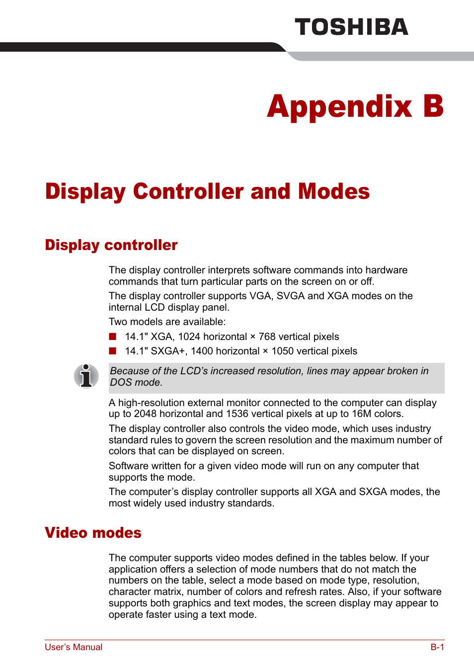 Appendix b - display controller and modes, Display controller, Video modes | Appendix b, Display controller and modes, Dix b | Toshiba M5 User Manual | Page 193 / 240