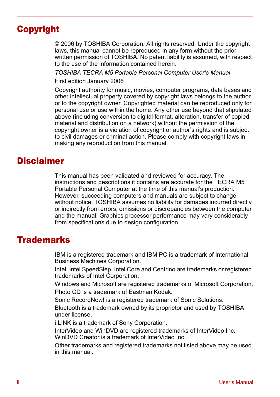 Copyright, Disclaimer, Trademarks | Toshiba M5 User Manual | Page 2 / 240