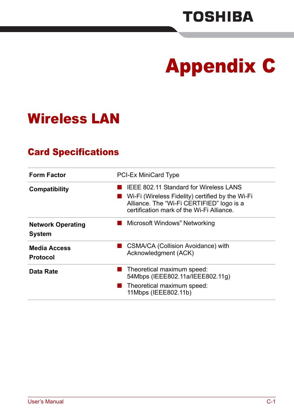 Appendix c - wireless lan, Card specifications, Appendix c | Wireless lan | Toshiba M5 User Manual | Page 203 / 240