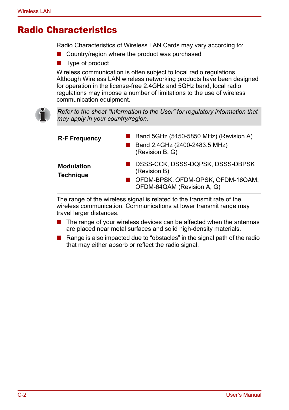 Radio characteristics | Toshiba M5 User Manual | Page 204 / 240