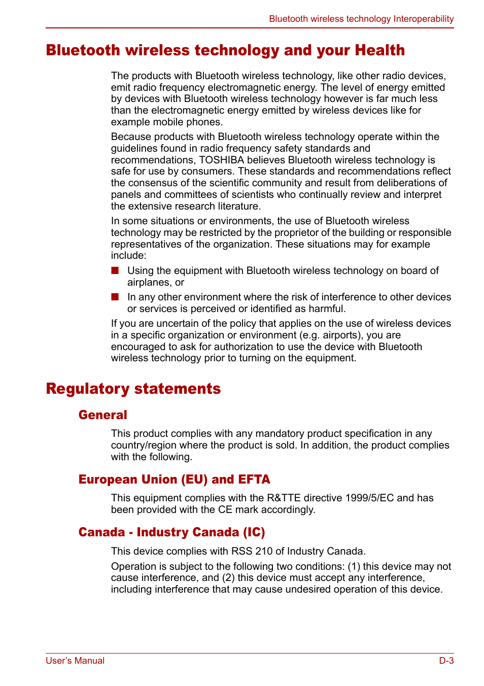 Bluetooth wireless technology and your health, Regulatory statements | Toshiba M5 User Manual | Page 209 / 240