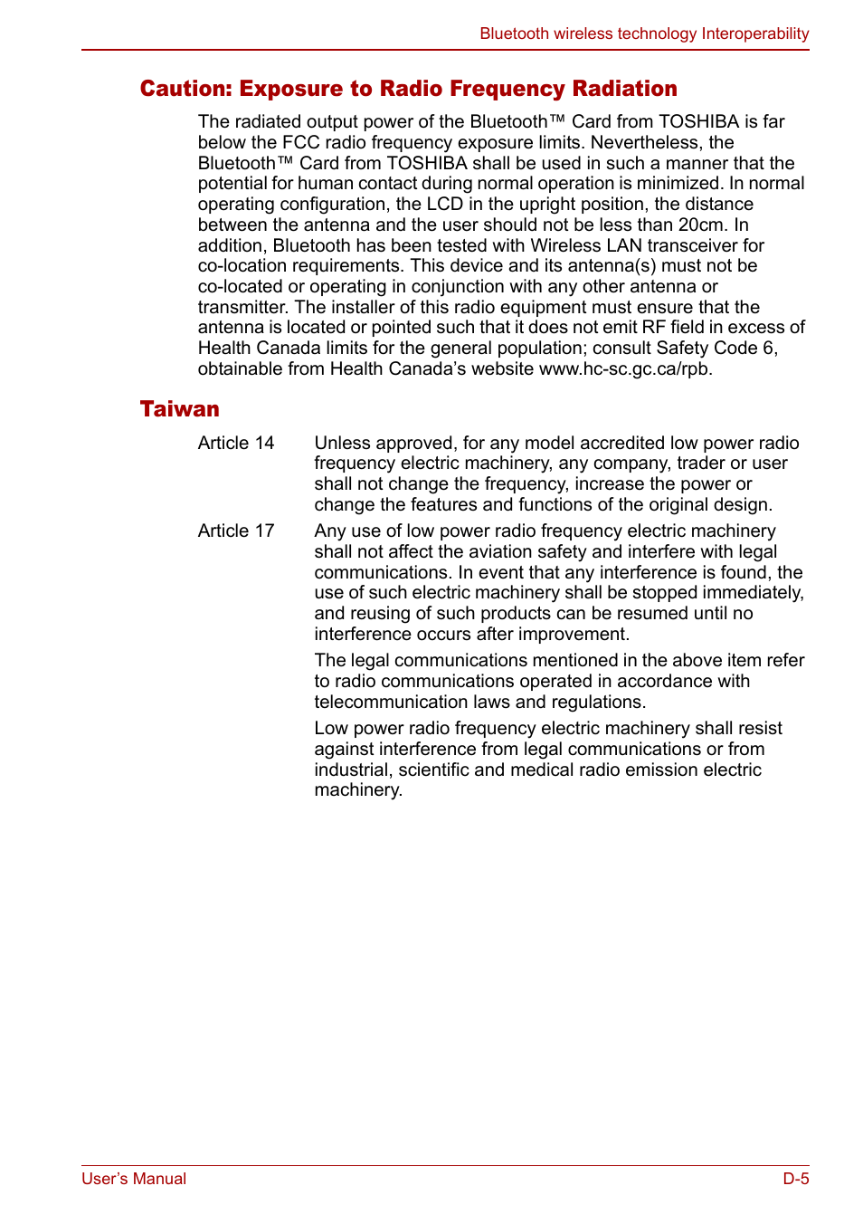 Caution: exposure to radio frequency radiation, Taiwan | Toshiba M5 User Manual | Page 211 / 240