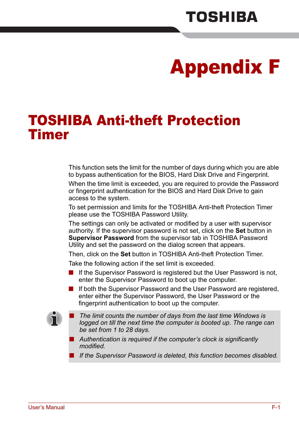 Appendix f - toshiba anti-theft protection timer, Appendix f, Toshiba anti-theft protection timer | Toshiba M5 User Manual | Page 217 / 240