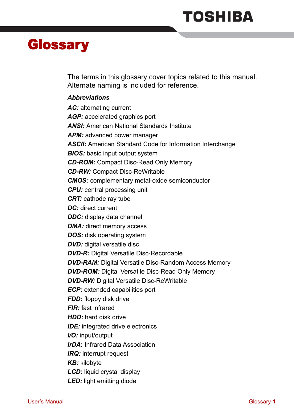 Glossary | Toshiba M5 User Manual | Page 221 / 240