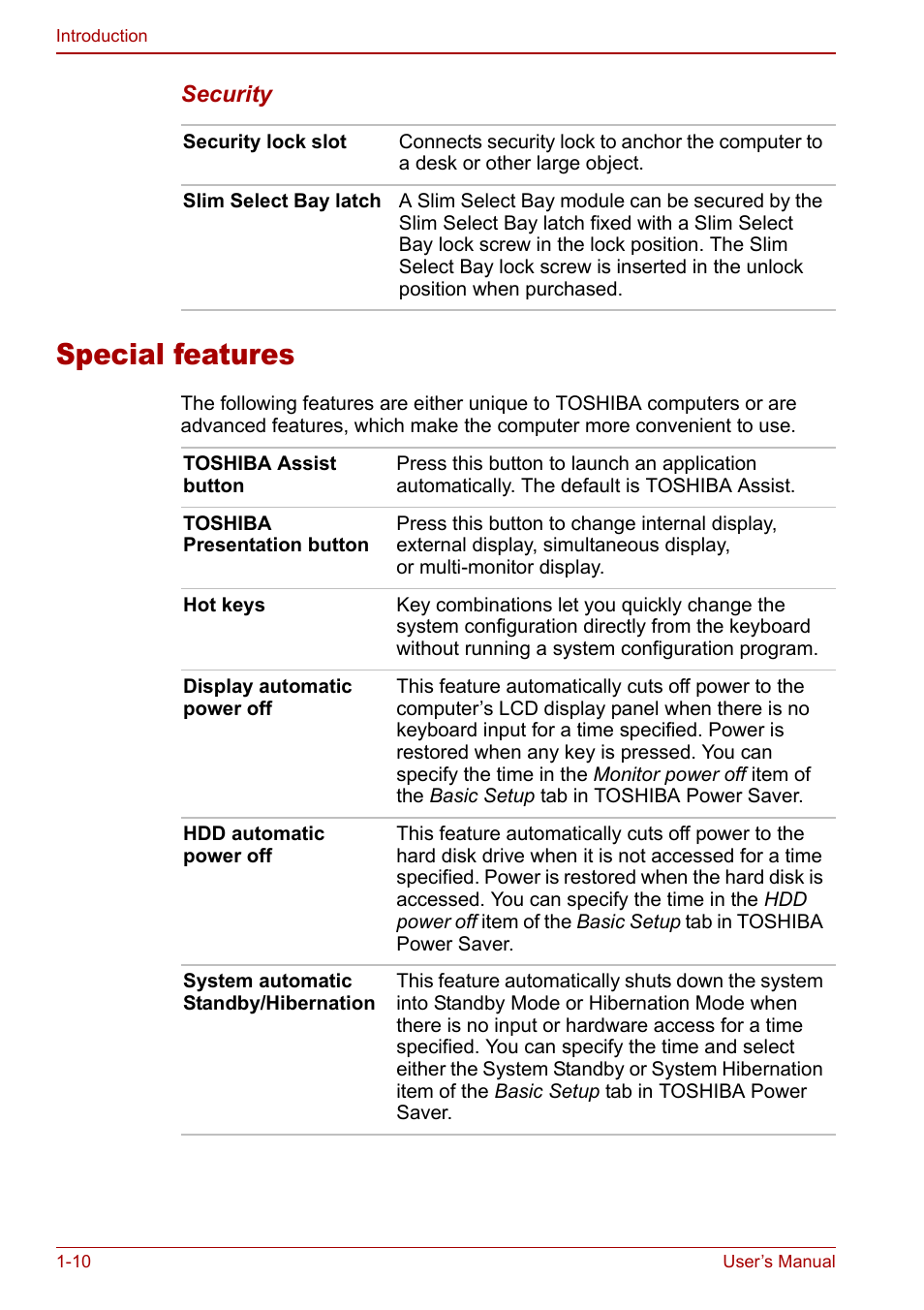 Special features, Special features -10 | Toshiba M5 User Manual | Page 24 / 240