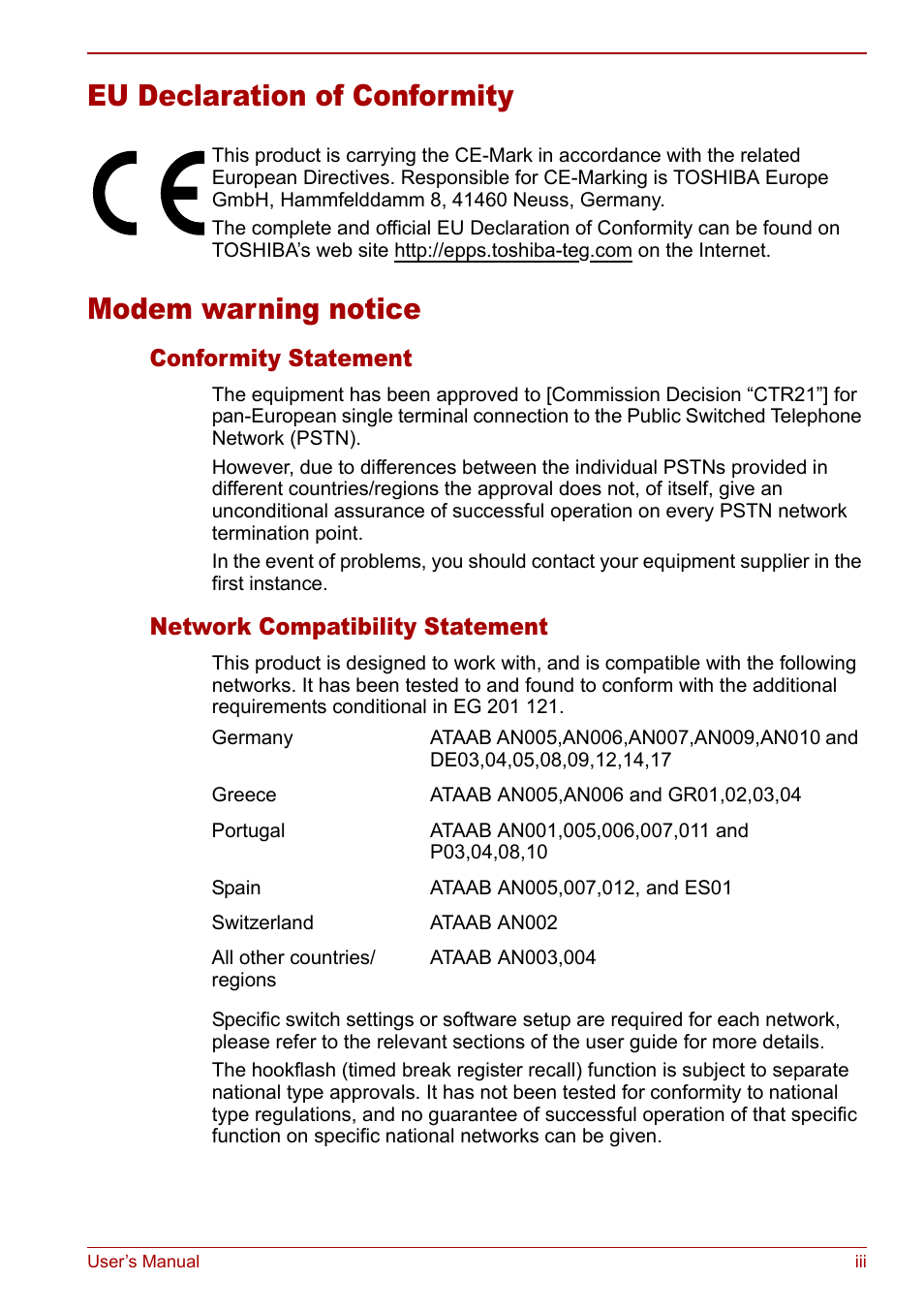 Eu declaration of conformity, Modem warning notice | Toshiba M5 User Manual | Page 3 / 240