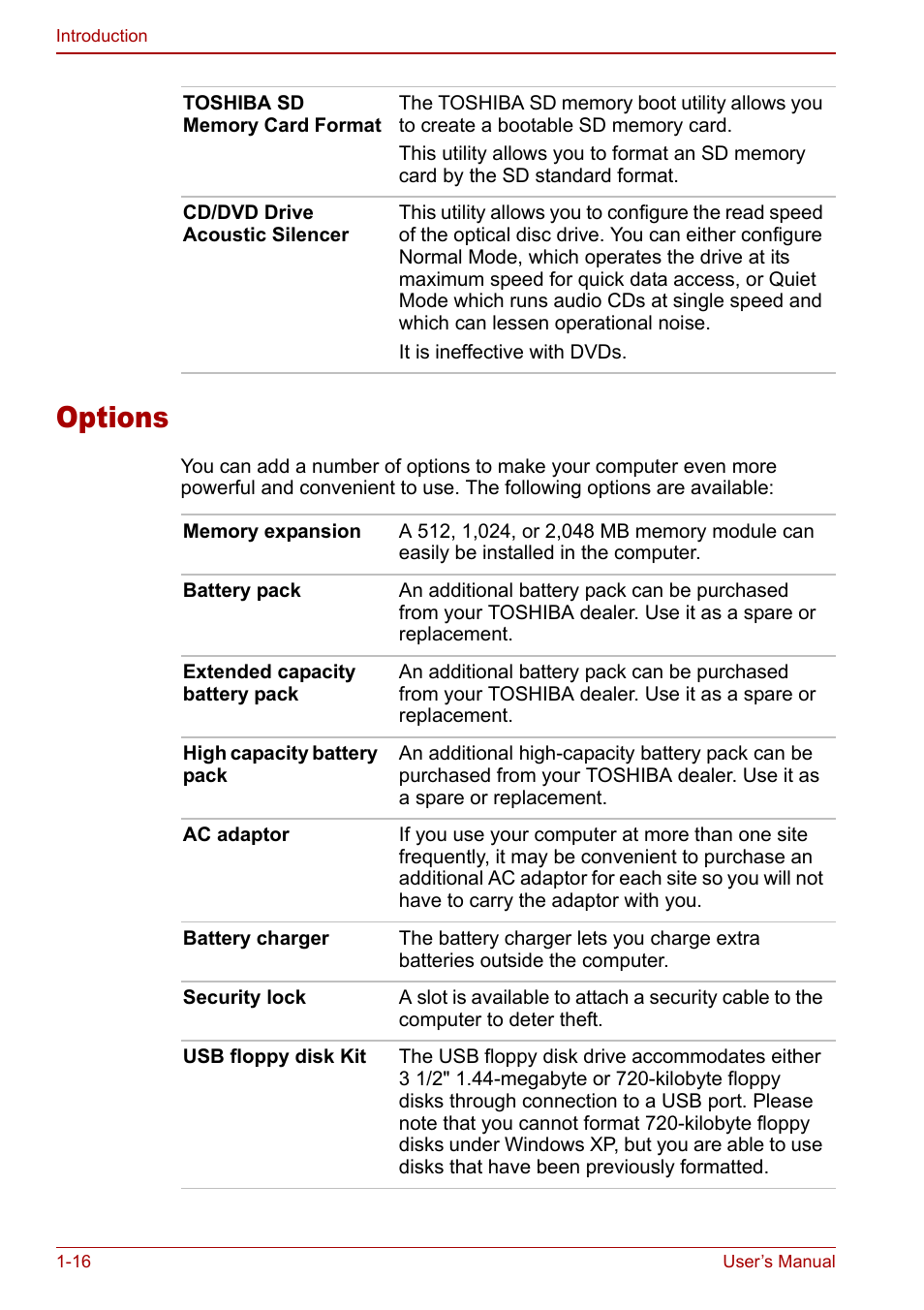 Options, Options -16 | Toshiba M5 User Manual | Page 30 / 240