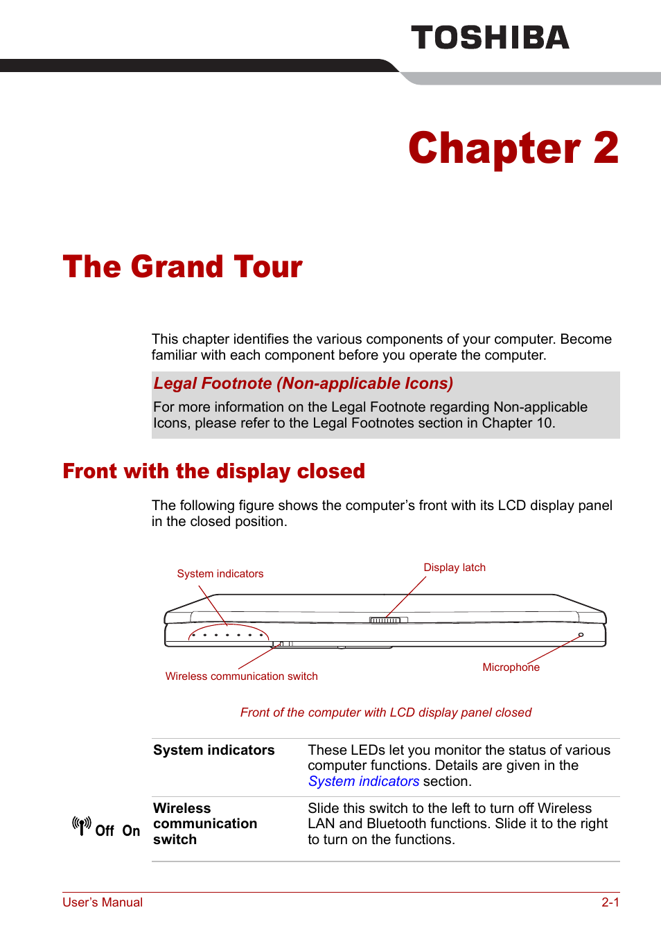 Chapter 2 - the grand tour, Front with the display closed, Chapter 2 | The grand tour, Front with the display closed -1 | Toshiba M5 User Manual | Page 33 / 240