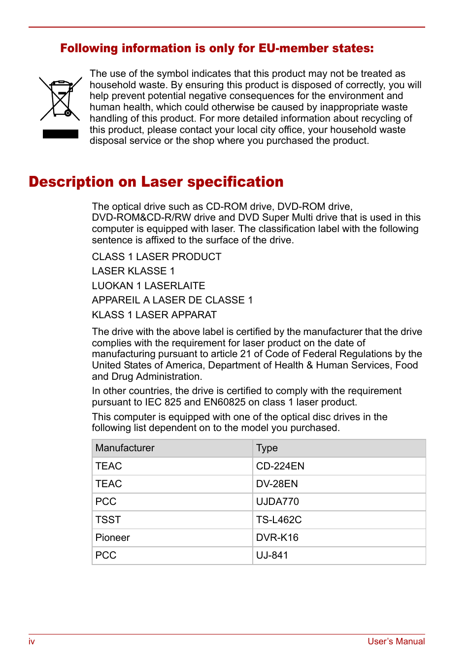 Description on laser specification, Following information is only for eu-member states | Toshiba M5 User Manual | Page 4 / 240