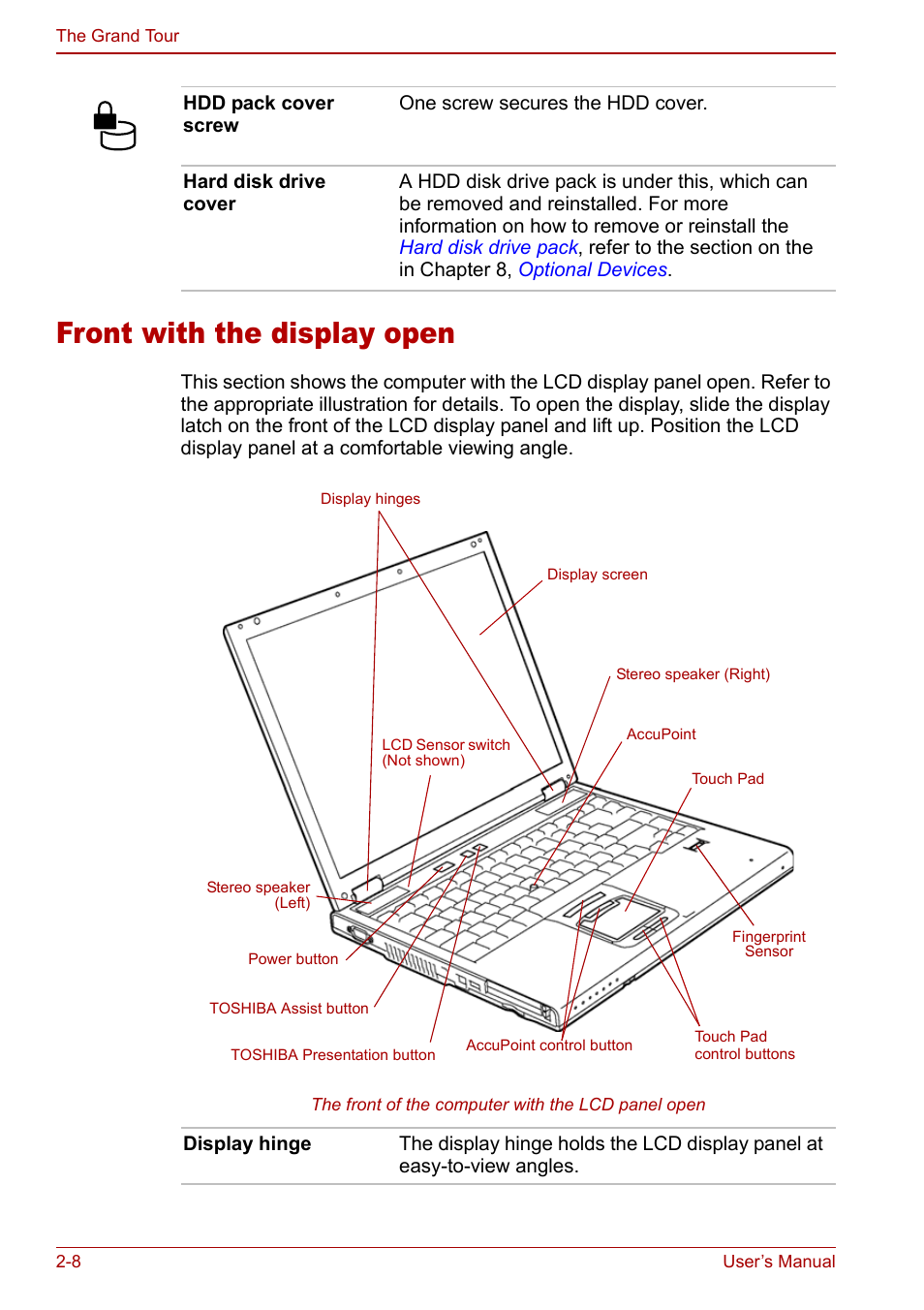 Front with the display open, Front with the display open -8 | Toshiba M5 User Manual | Page 40 / 240