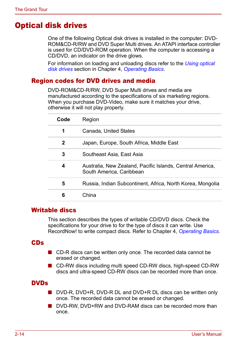 Optical disk drives, Optical disk drives -14, Region codes for dvd drives and media | Writable discs, Dvds | Toshiba M5 User Manual | Page 46 / 240