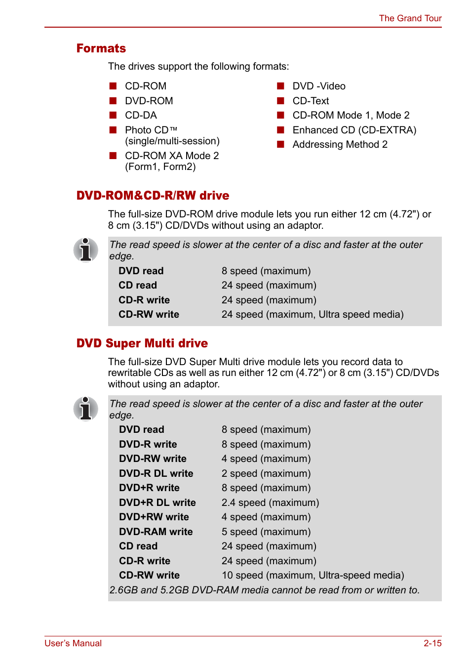 Formats, Dvd-rom&cd-r/rw drive, Dvd super multi drive | Toshiba M5 User Manual | Page 47 / 240