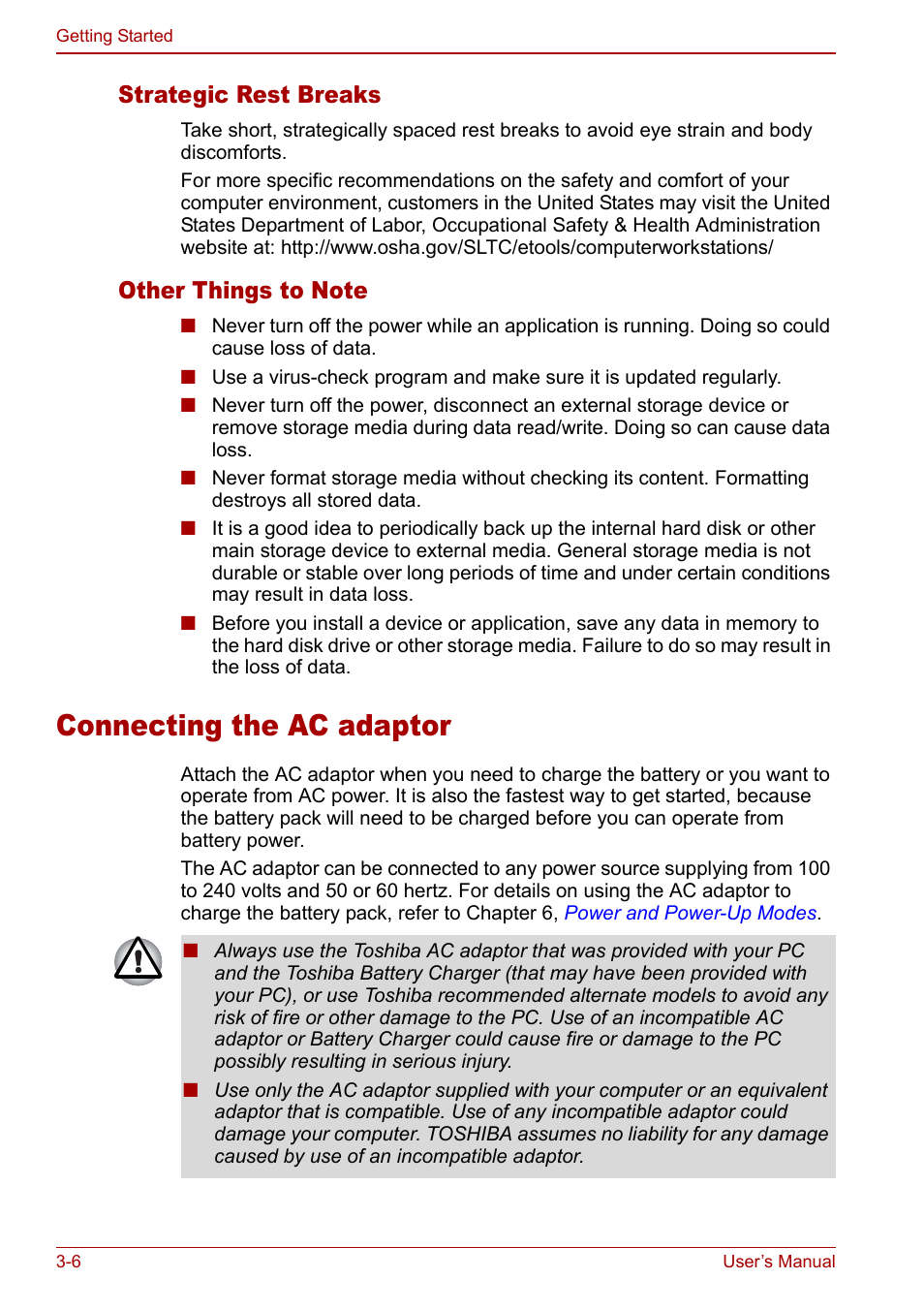 Connecting the ac adaptor, Connecting the ac adaptor -6, Strategic rest breaks | Toshiba M5 User Manual | Page 54 / 240