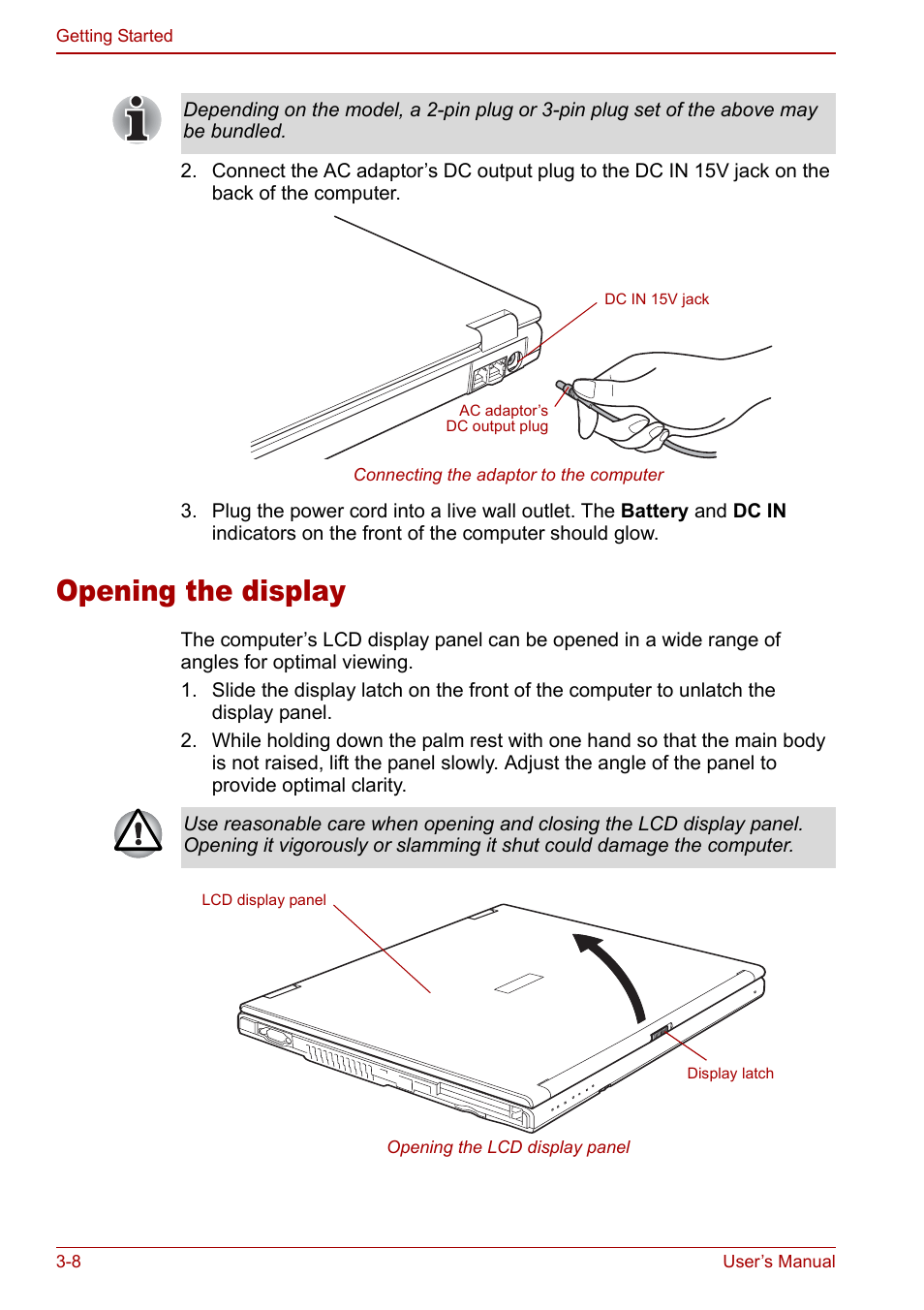 Opening the display, Opening the display -8 | Toshiba M5 User Manual | Page 56 / 240