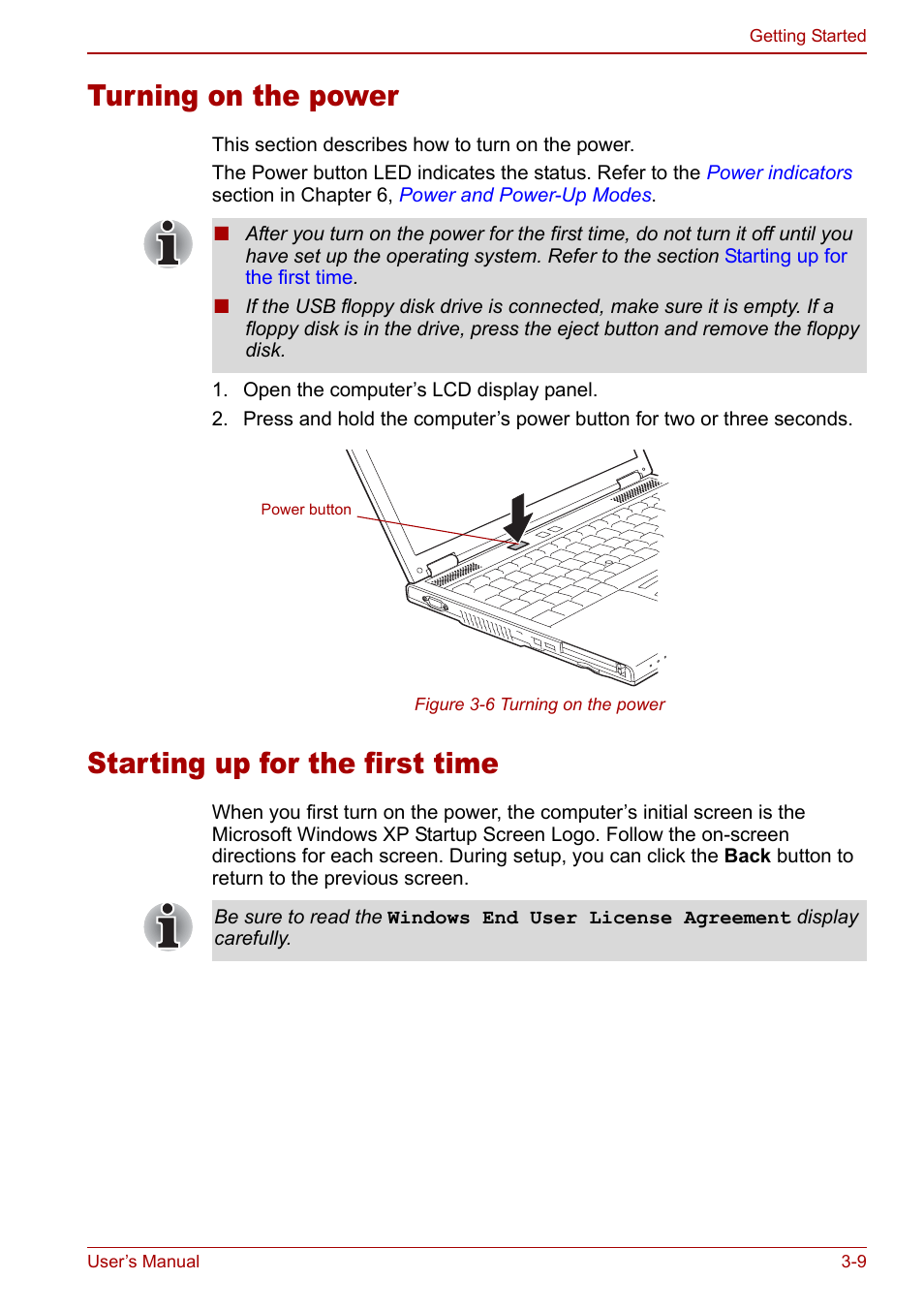 Turning on the power, Starting up for the first time | Toshiba M5 User Manual | Page 57 / 240