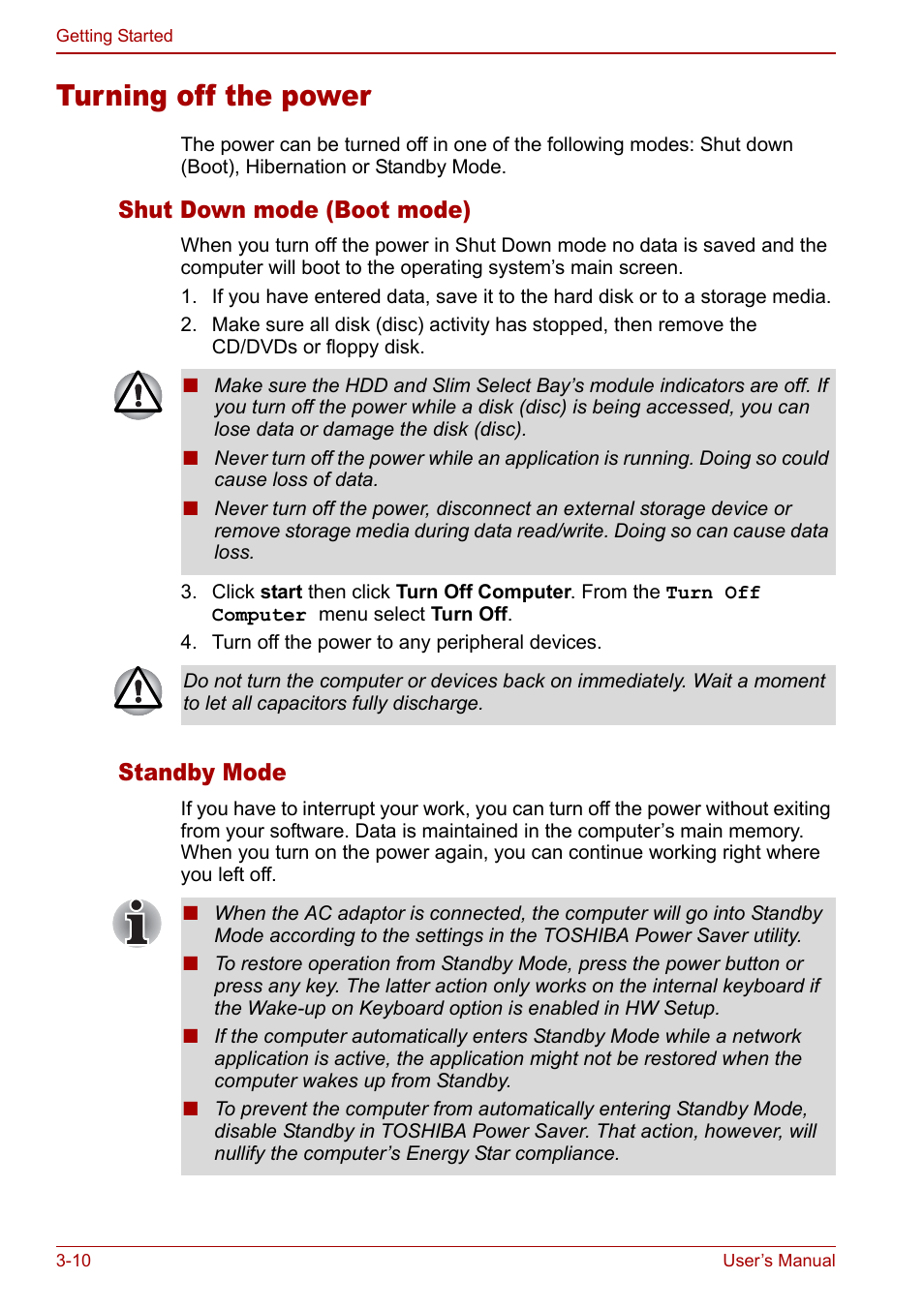 Turning off the power, Turning off the power -10, Section | Shut down mode (boot mode), Standby mode | Toshiba M5 User Manual | Page 58 / 240