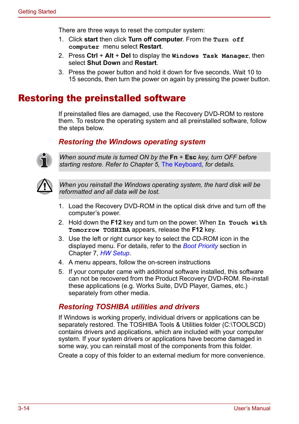 Restoring the preinstalled software, Restoring the preinstalled software -14 | Toshiba M5 User Manual | Page 62 / 240