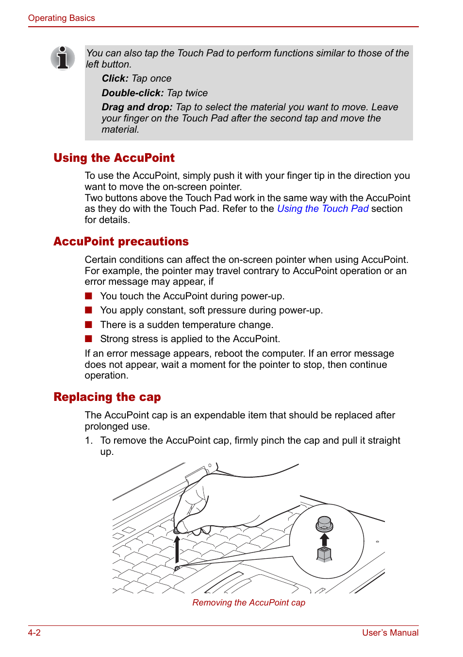 Using the accupoint, Section, Accupoint precautions | Replacing the cap | Toshiba M5 User Manual | Page 64 / 240