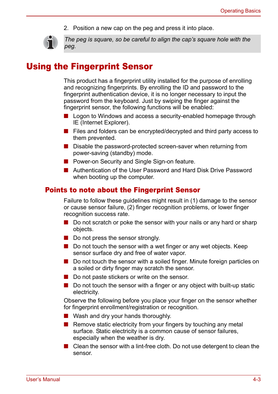 Using the fingerprint sensor, Using the fingerprint sensor -3 | Toshiba M5 User Manual | Page 65 / 240