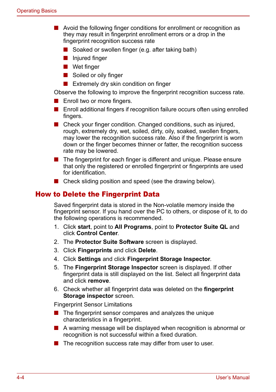 How to delete the fingerprint data | Toshiba M5 User Manual | Page 66 / 240