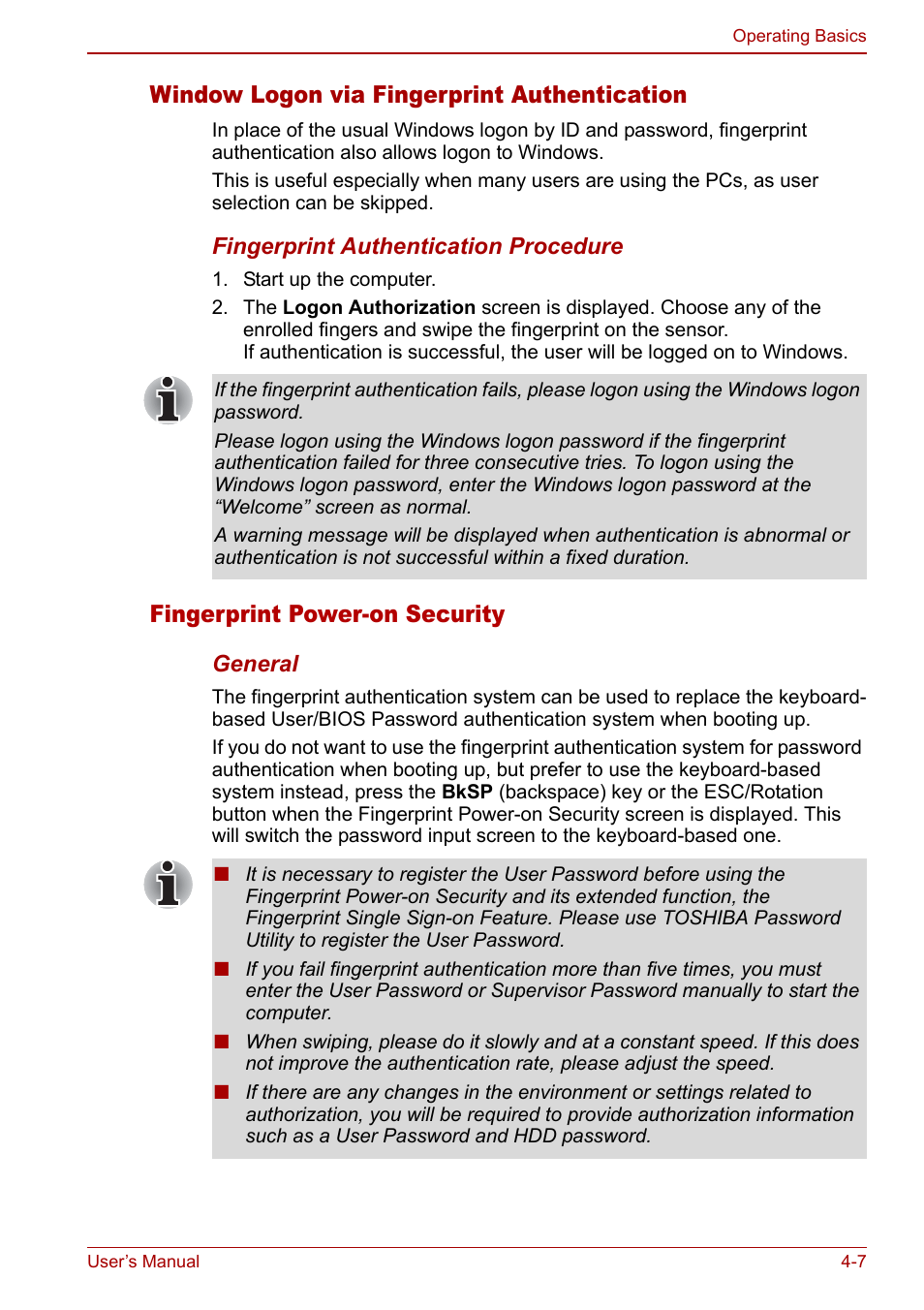 Window logon via fingerprint authentication, Fingerprint power-on security | Toshiba M5 User Manual | Page 69 / 240