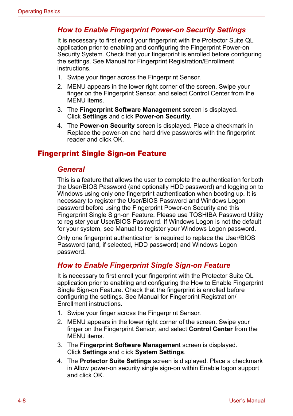 Fingerprint single sign-on feature | Toshiba M5 User Manual | Page 70 / 240