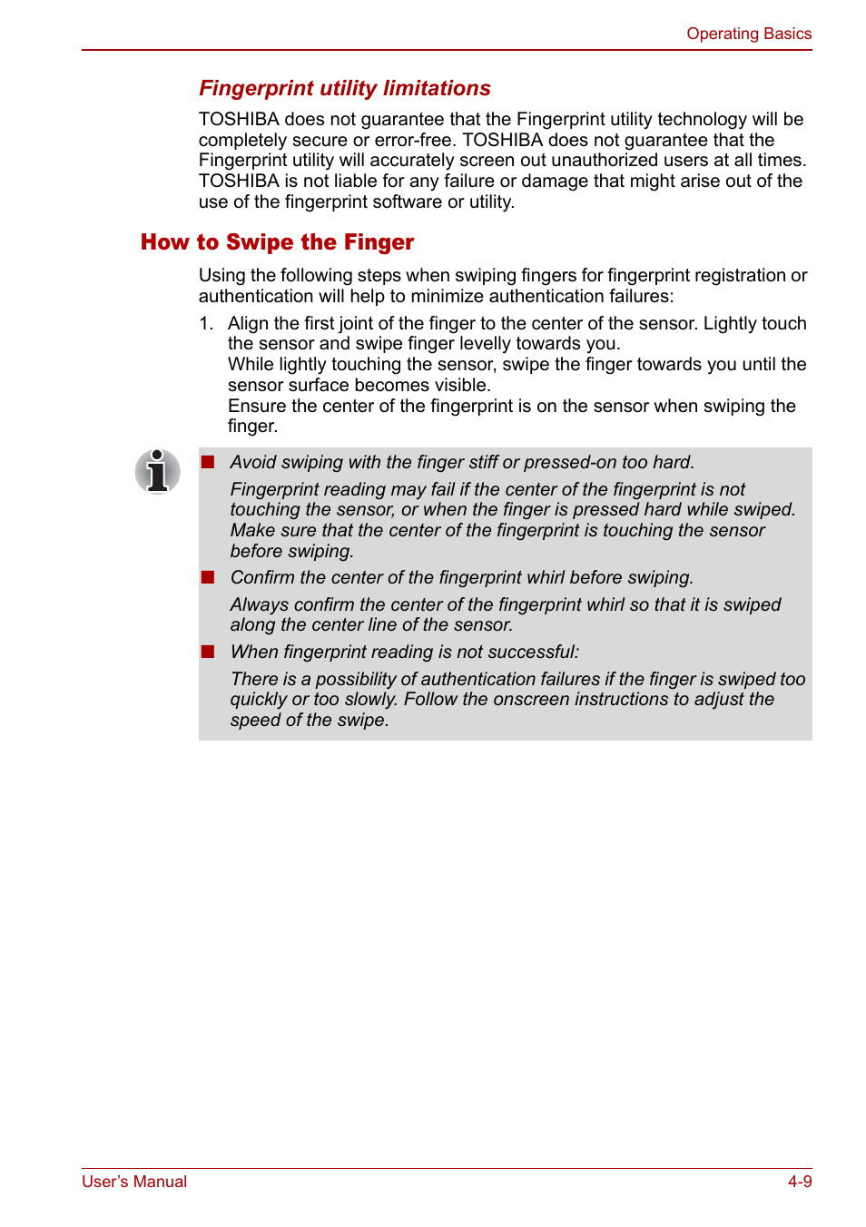 How to swipe the finger | Toshiba M5 User Manual | Page 71 / 240