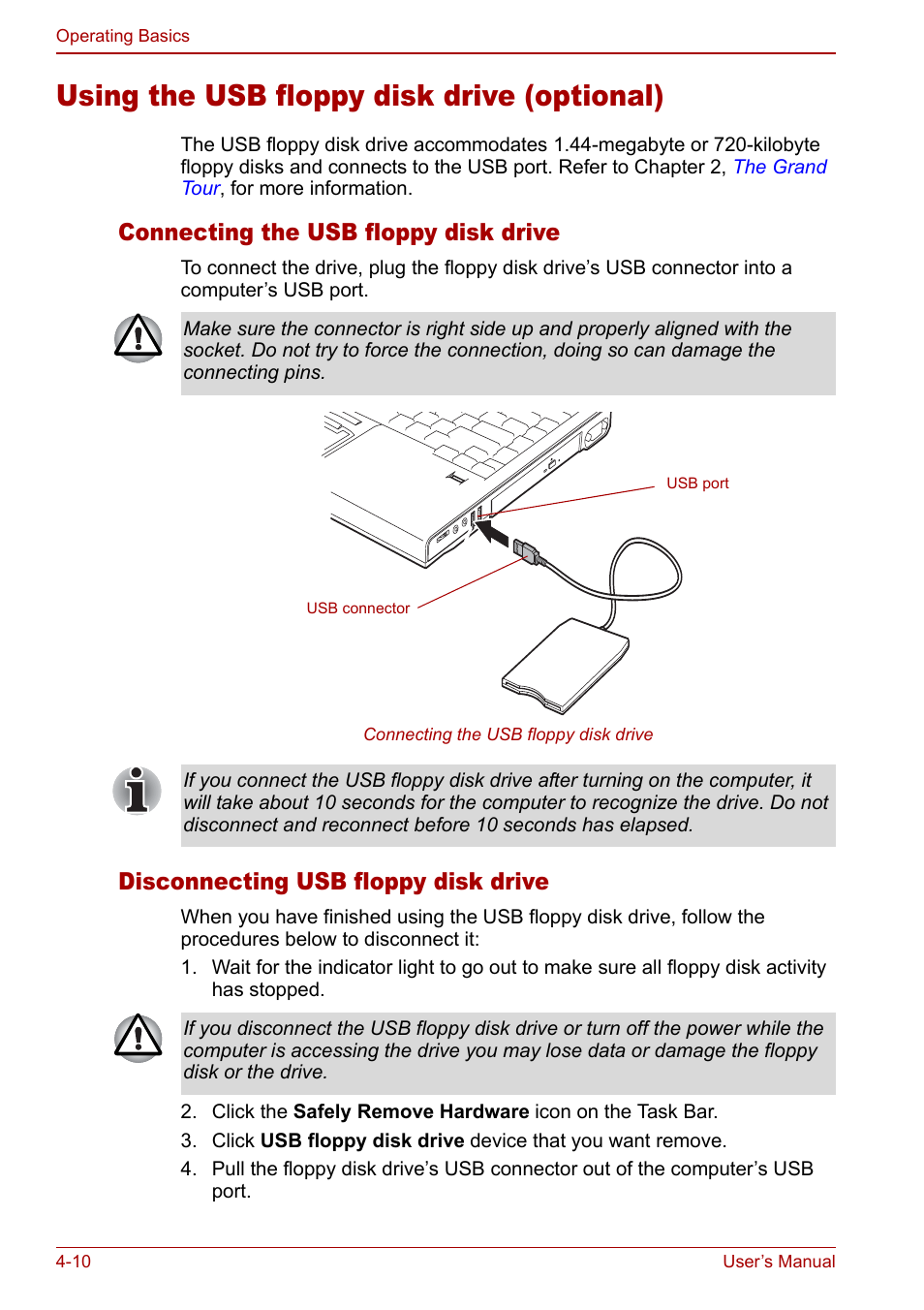 Using the usb floppy disk drive (optional), Using the usb floppy disk drive (optional) -10, Connecting the usb floppy disk drive | Disconnecting usb floppy disk drive | Toshiba M5 User Manual | Page 72 / 240