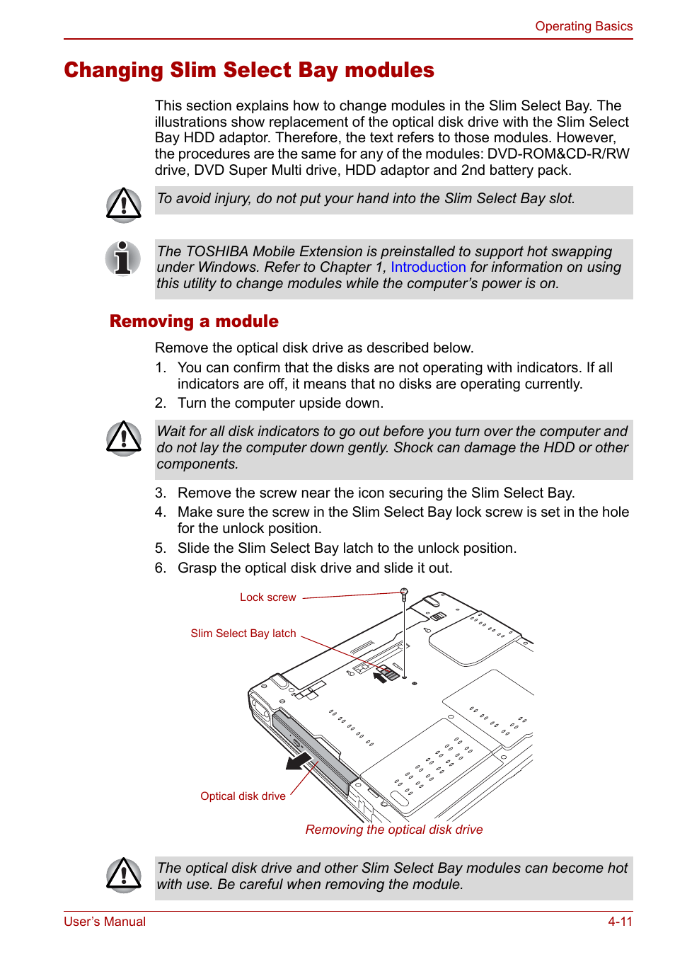 Changing slim select bay modules, Changing slim select bay modules -11, Removing a module | Toshiba M5 User Manual | Page 73 / 240