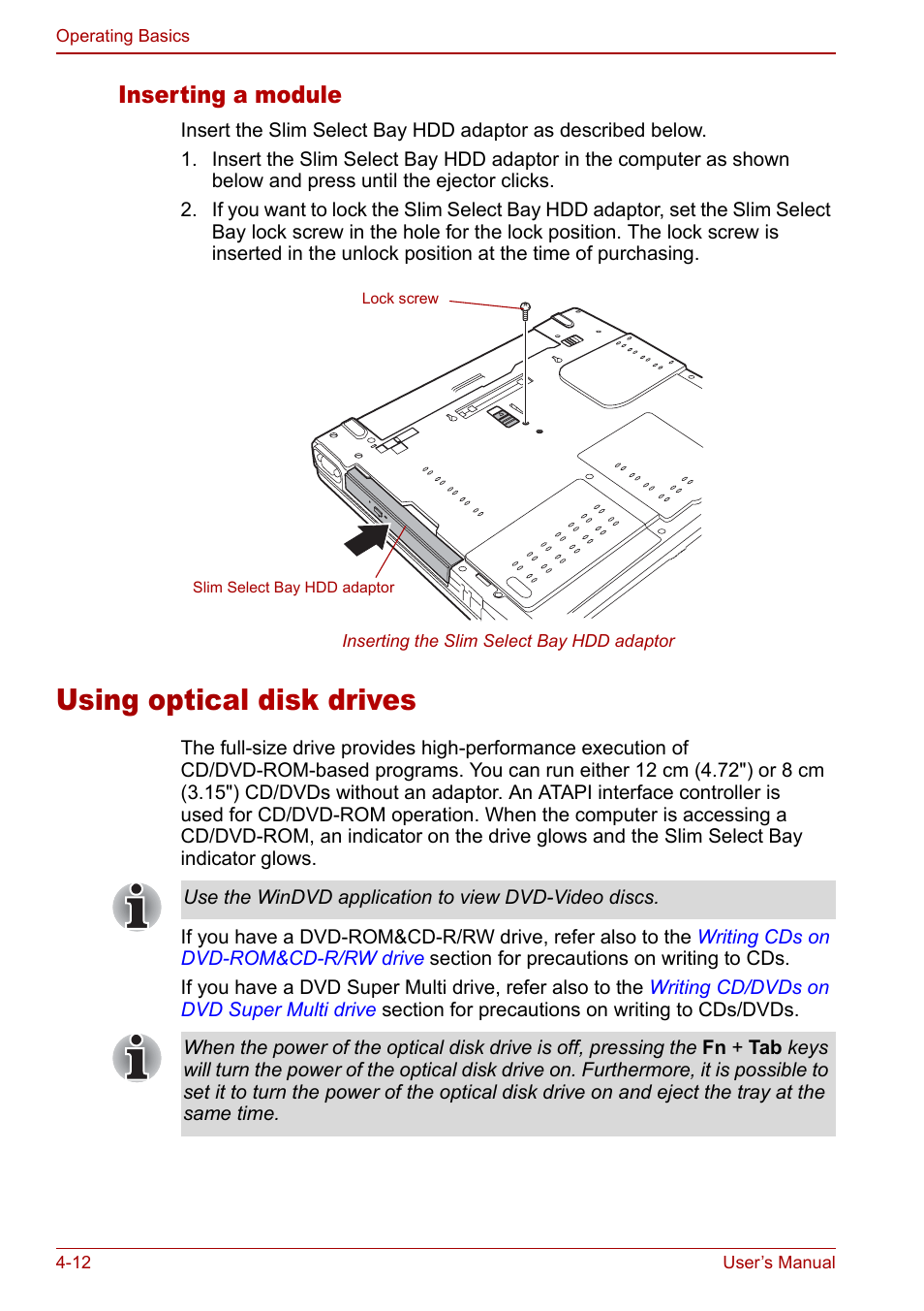 Using optical disk drives, Using optical disk drives -12, Using optical | Disk drives, Using optic al disk drives, Inserting a module | Toshiba M5 User Manual | Page 74 / 240