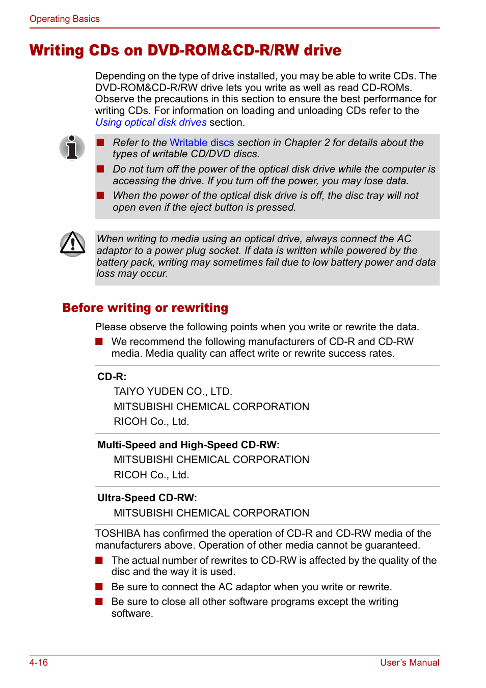 Writing cds on dvd-rom&cd-r/rw drive, Writing cds on dvd-rom&cd-r/rw drive -16, Writing cds on | Dvd-rom&cd-r/rw drive, Before writing or rewriting | Toshiba M5 User Manual | Page 78 / 240