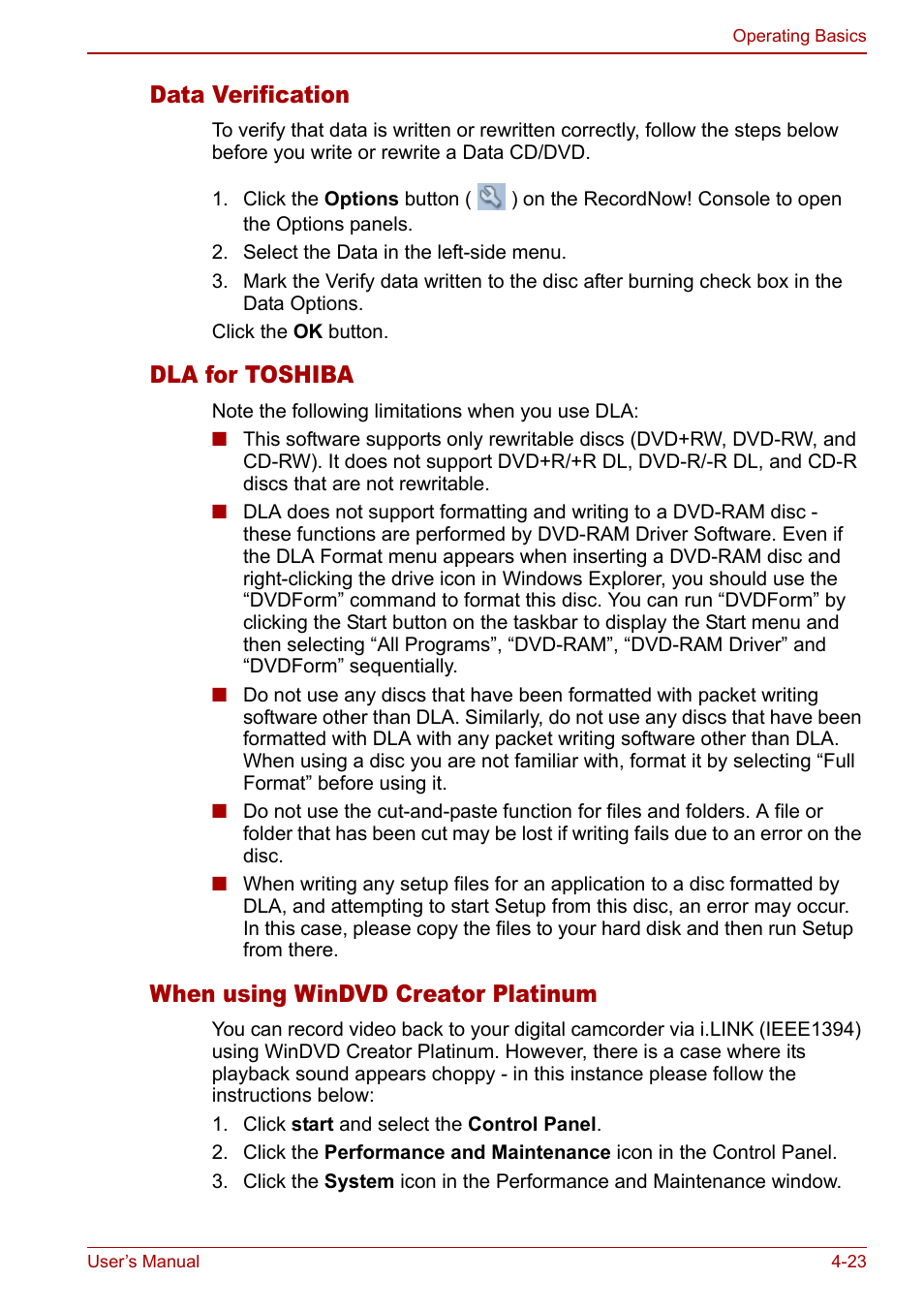 Data verification, Dla for toshiba, When using windvd creator platinum | Toshiba M5 User Manual | Page 85 / 240