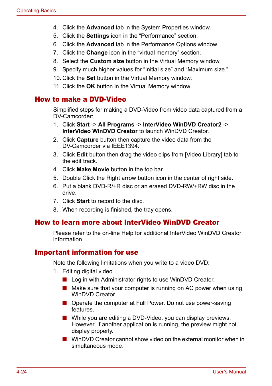 How to make a dvd-video, How to learn more about intervideo windvd creator, Important information for use | Toshiba M5 User Manual | Page 86 / 240