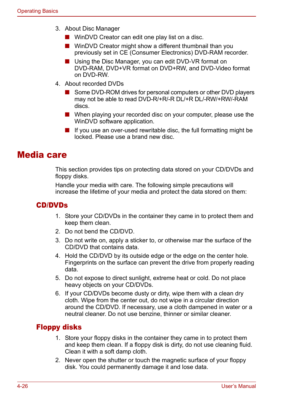 Media care, Media care -26, Cd/dvds | Floppy disks | Toshiba M5 User Manual | Page 88 / 240