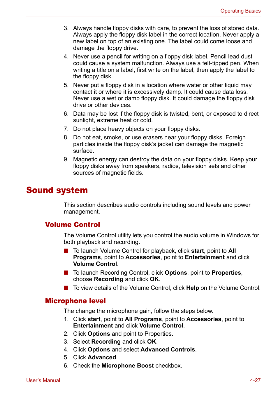 Sound system, Sound system -27, Volume control | Microphone level | Toshiba M5 User Manual | Page 89 / 240