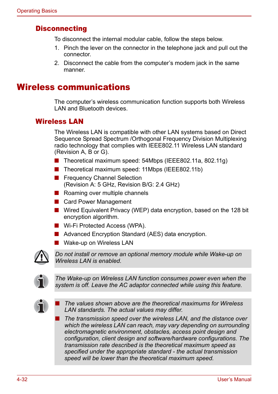 Wireless communications, Wireless communications -32, Disconnecting | Wireless lan | Toshiba M5 User Manual | Page 94 / 240