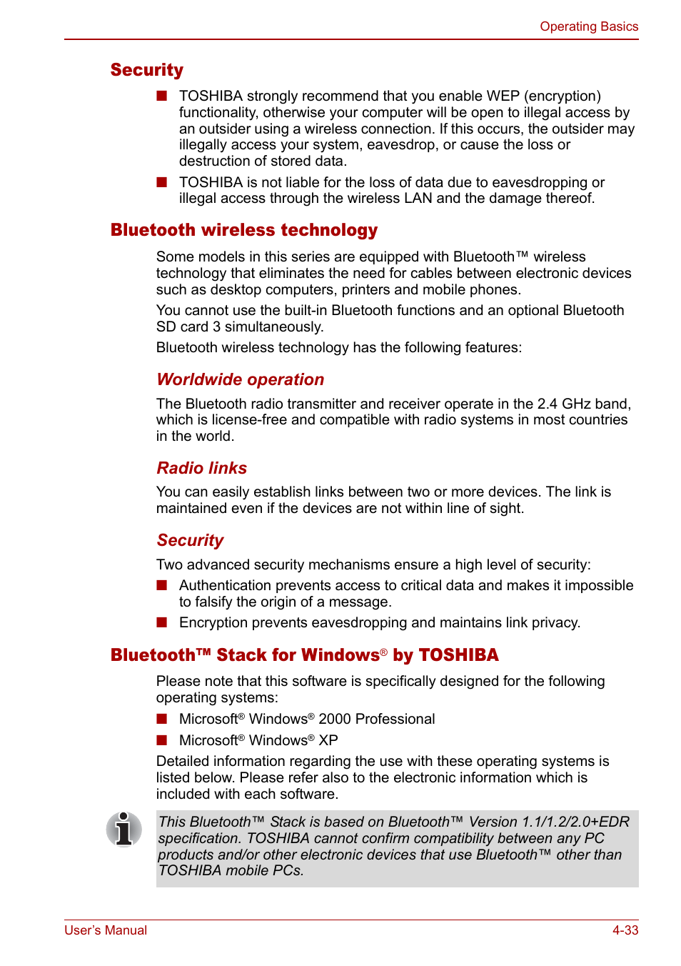 Security, Bluetooth wireless technology, Bluetooth™ stack for windows | By toshiba | Toshiba M5 User Manual | Page 95 / 240