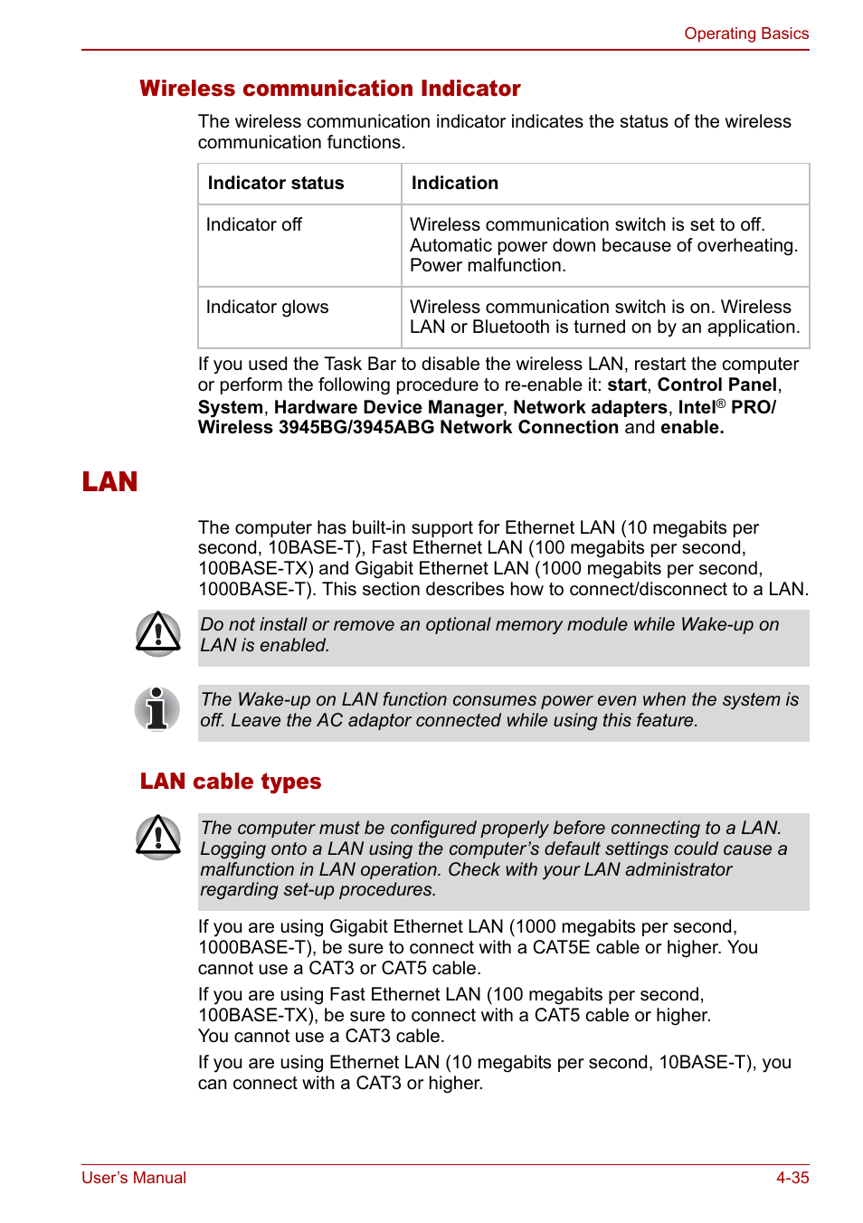 Lan -35, Wireless communication indicator, Lan cable types | Toshiba M5 User Manual | Page 97 / 240