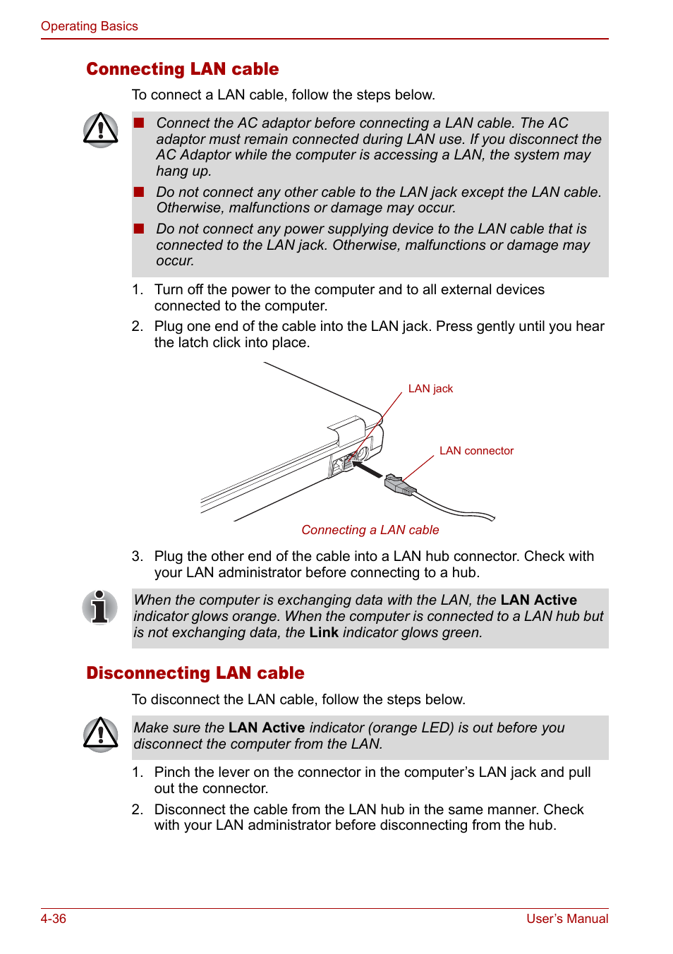 Connecting lan cable, Disconnecting lan cable | Toshiba M5 User Manual | Page 98 / 240