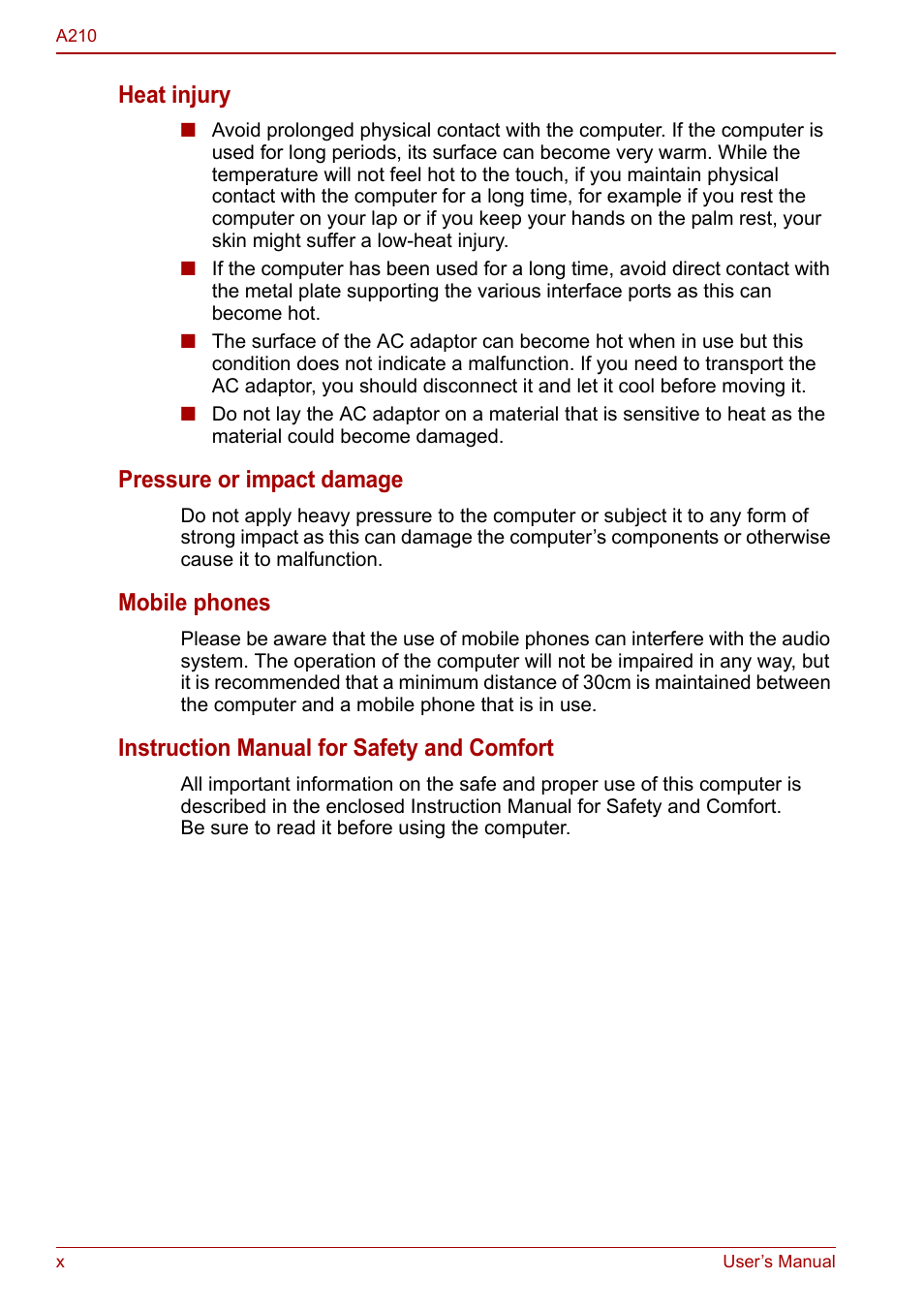 Heat injury, Pressure or impact damage, Mobile phones | Instruction manual for safety and comfort | Toshiba Equium A210 User Manual | Page 10 / 170