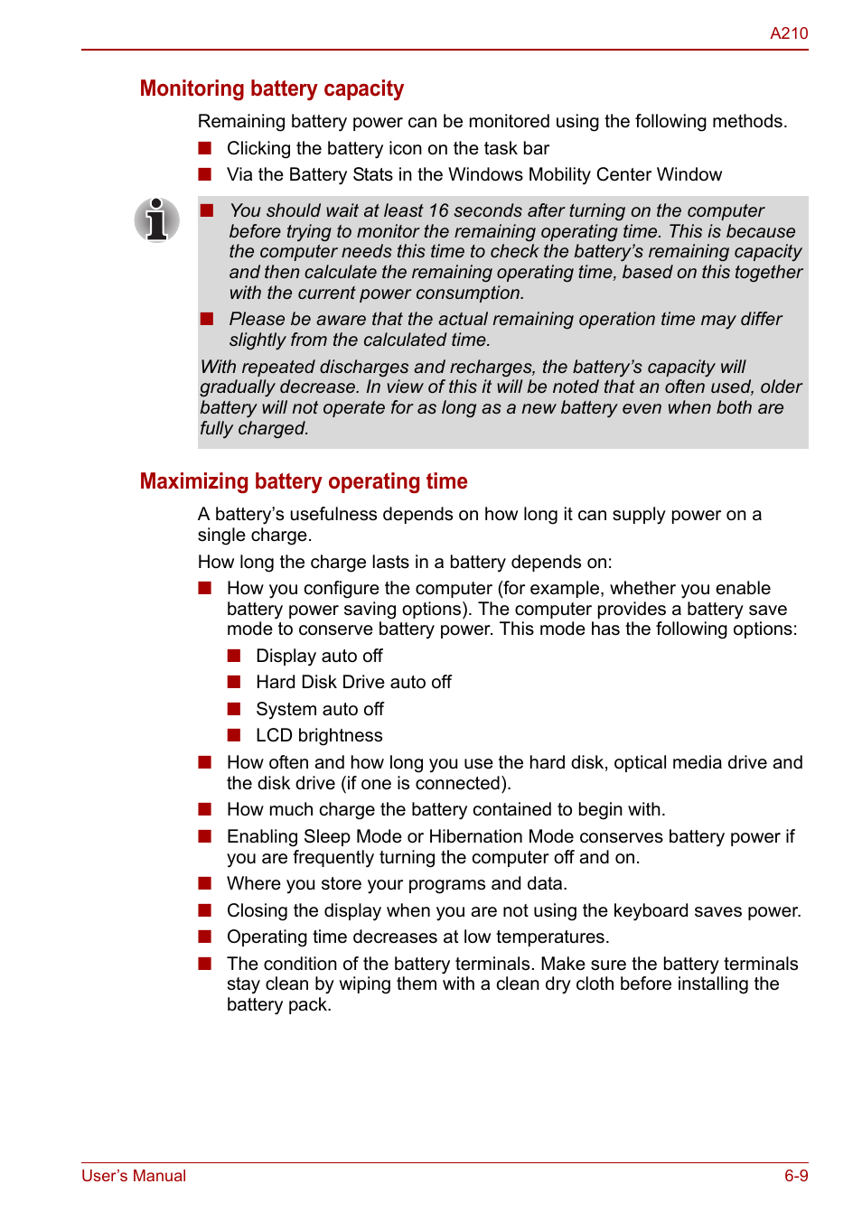 Monitoring battery capacity, Maximizing battery operating time | Toshiba Equium A210 User Manual | Page 103 / 170