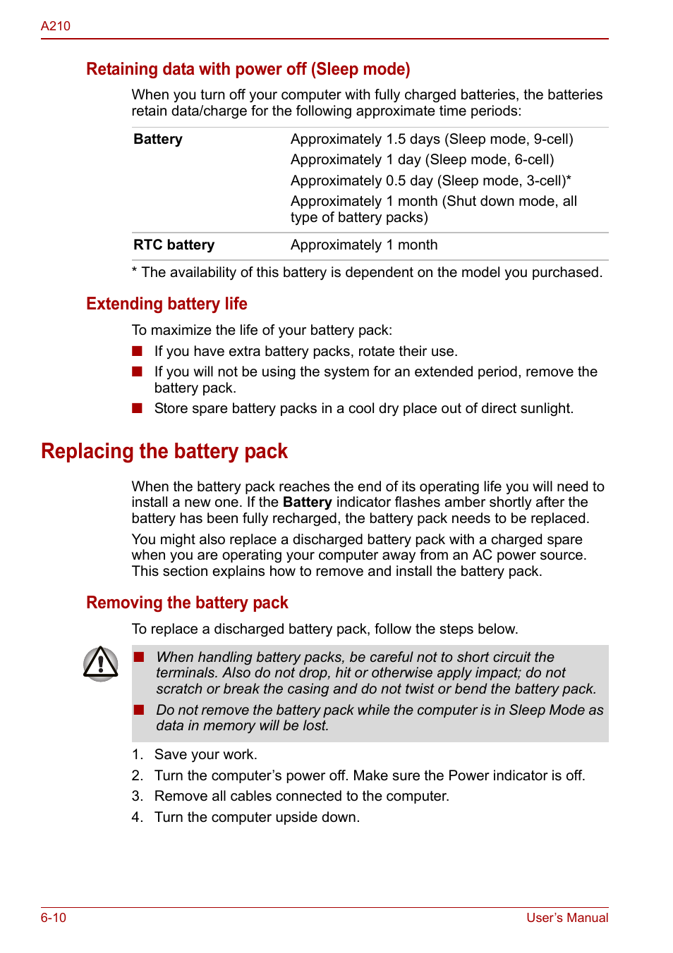 Replacing the battery pack, Replacing the battery pack -10, Retaining data with power off (sleep mode) | Extending battery life, Removing the battery pack | Toshiba Equium A210 User Manual | Page 104 / 170