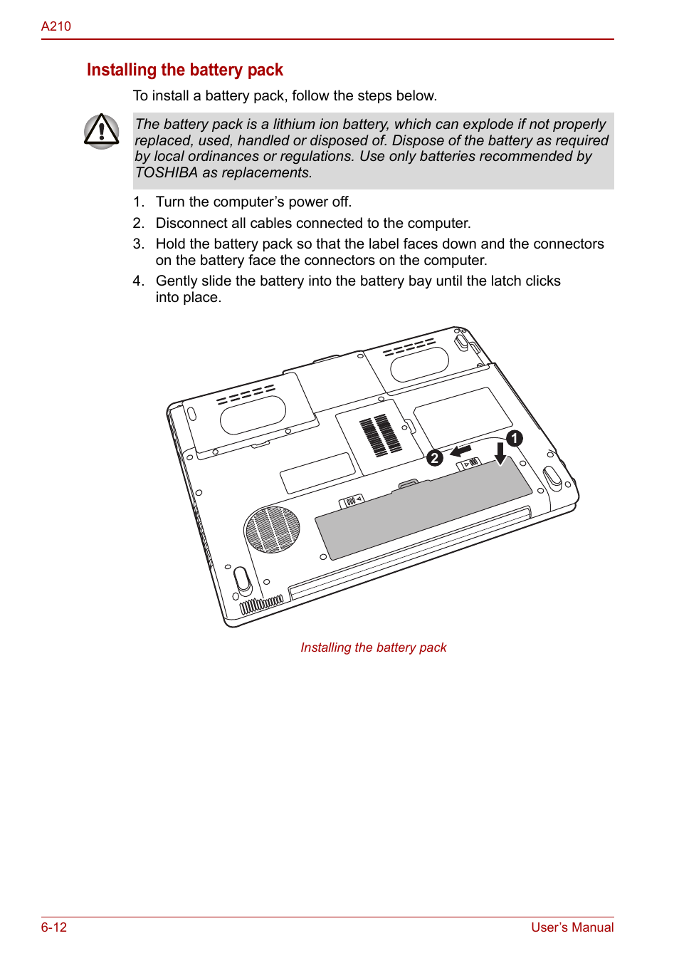 Installing the battery pack | Toshiba Equium A210 User Manual | Page 106 / 170