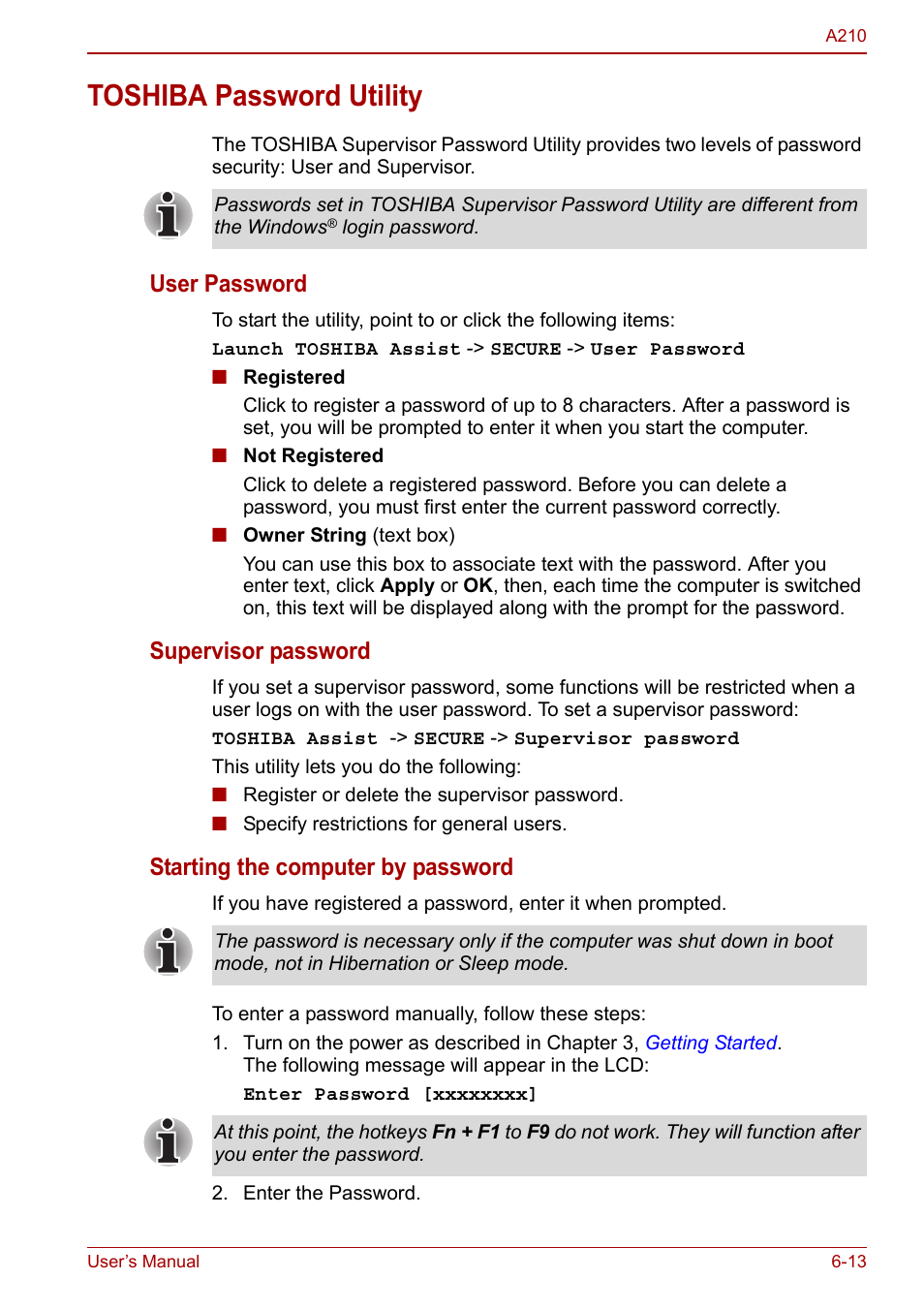 Toshiba password utility, Toshiba password utility -13, User password | Supervisor password, Starting the computer by password | Toshiba Equium A210 User Manual | Page 107 / 170